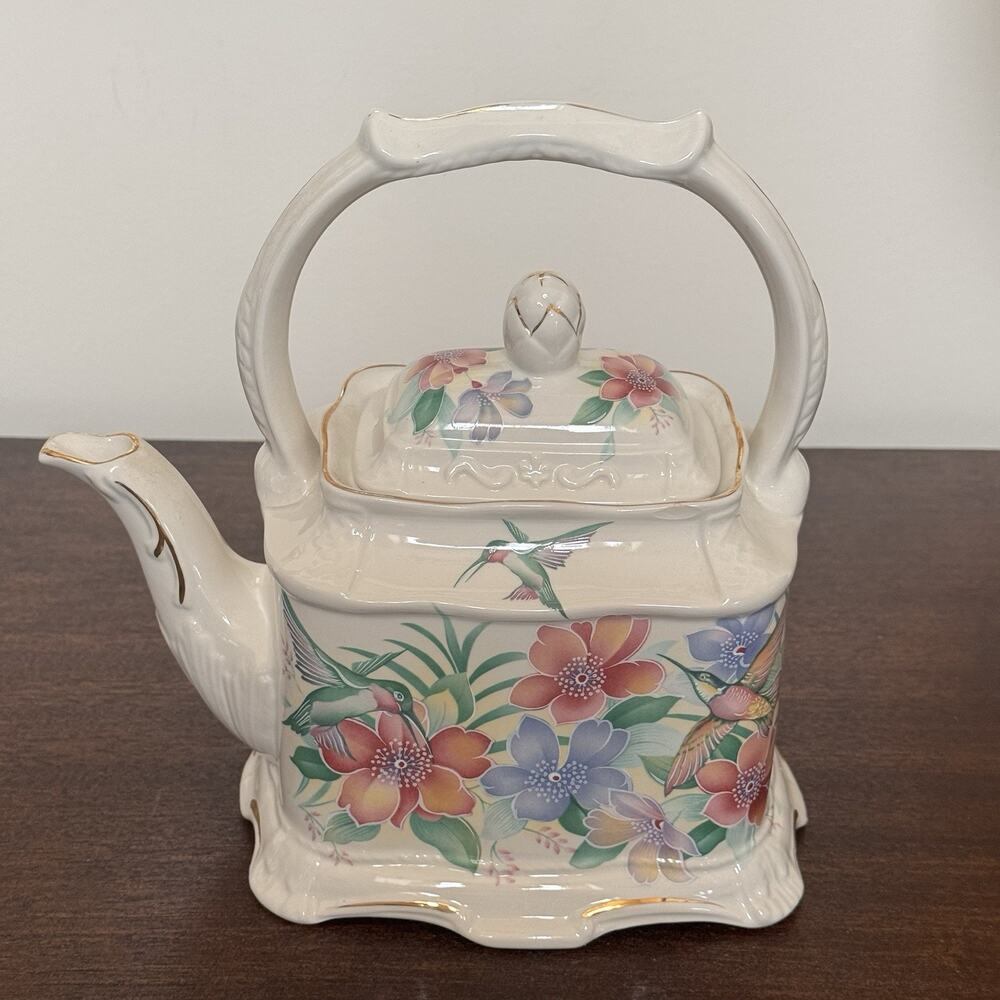 Crown Dorset Staffordshire Carriage Teapot Hummingbird Gold Trim Vintage CRACK